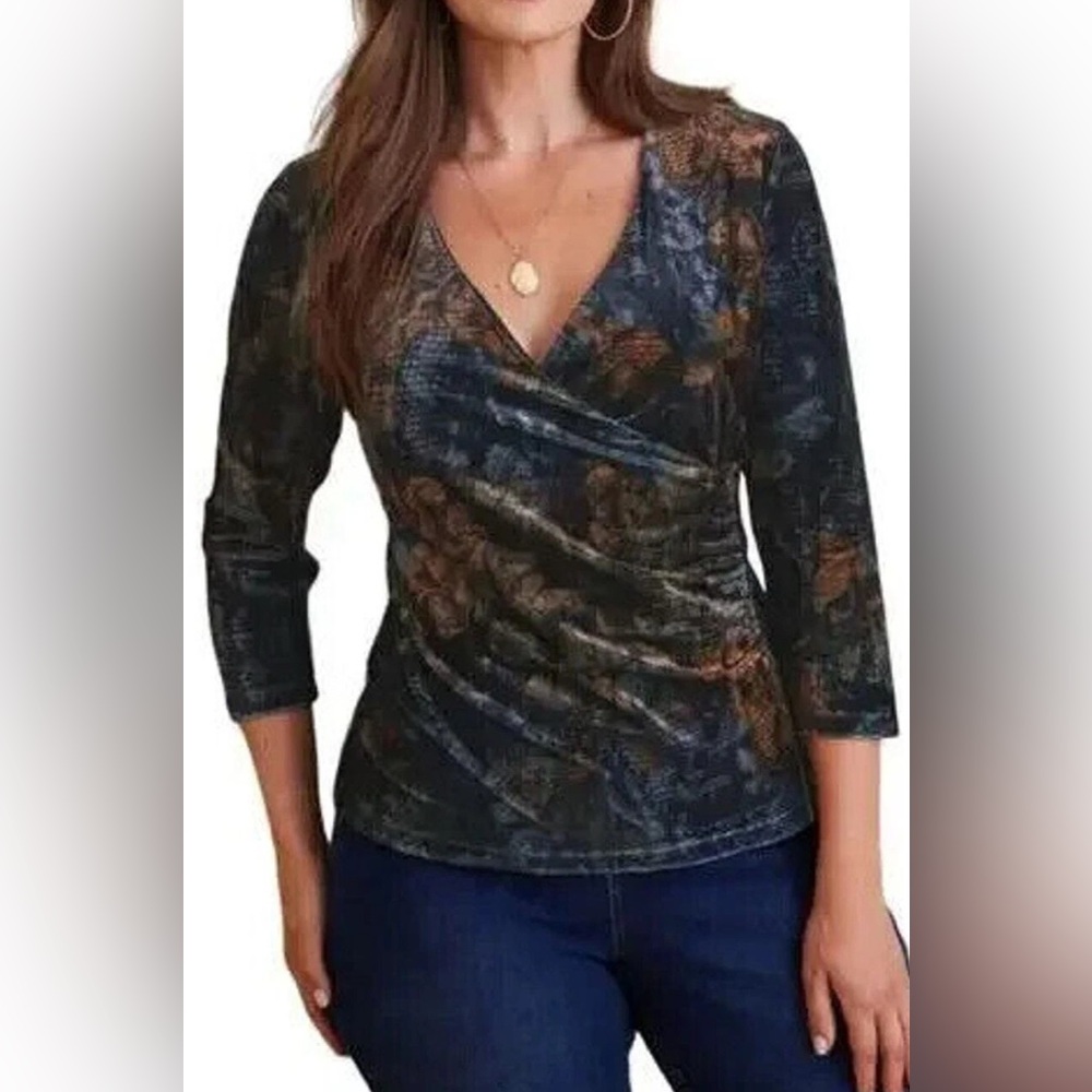 Soft Surroundings Women's Velvet Alyssa faux wrap Blouse floral print Sz XL